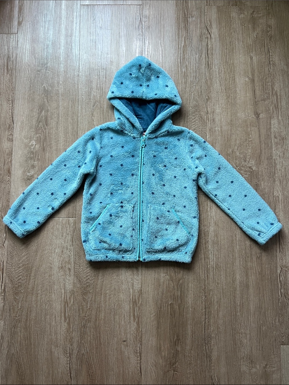 Hanna Andersson Girls Light Green Full Zip Hoodie with Blue Polka Dots Sz 130cm